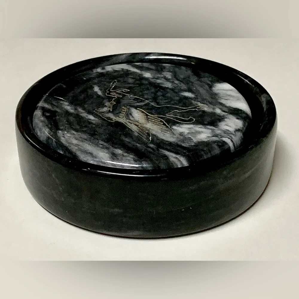 Vintage Executive Set of 2 Black Marble MOBIL Pegasus Logo Drink Coasters